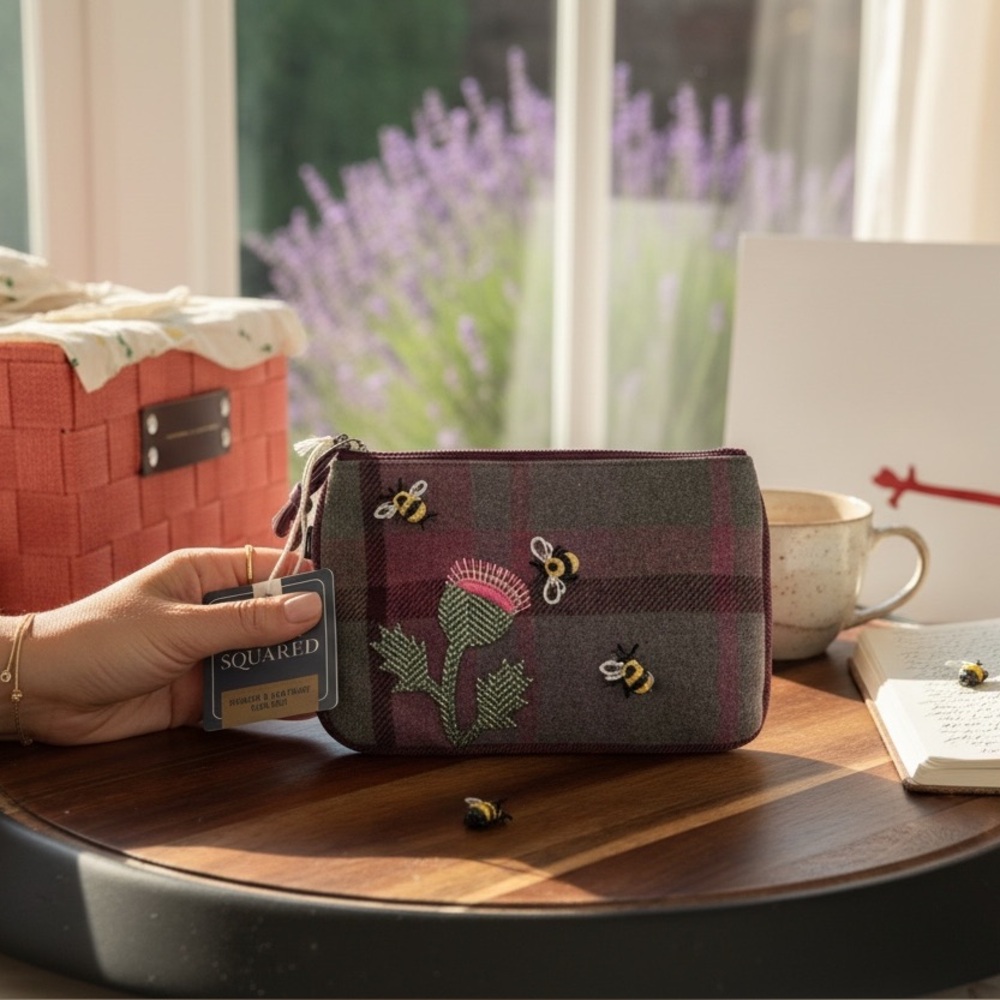 Adorable Earth Square Bee and Thistle Zip Top Pouch in a purple and gray print